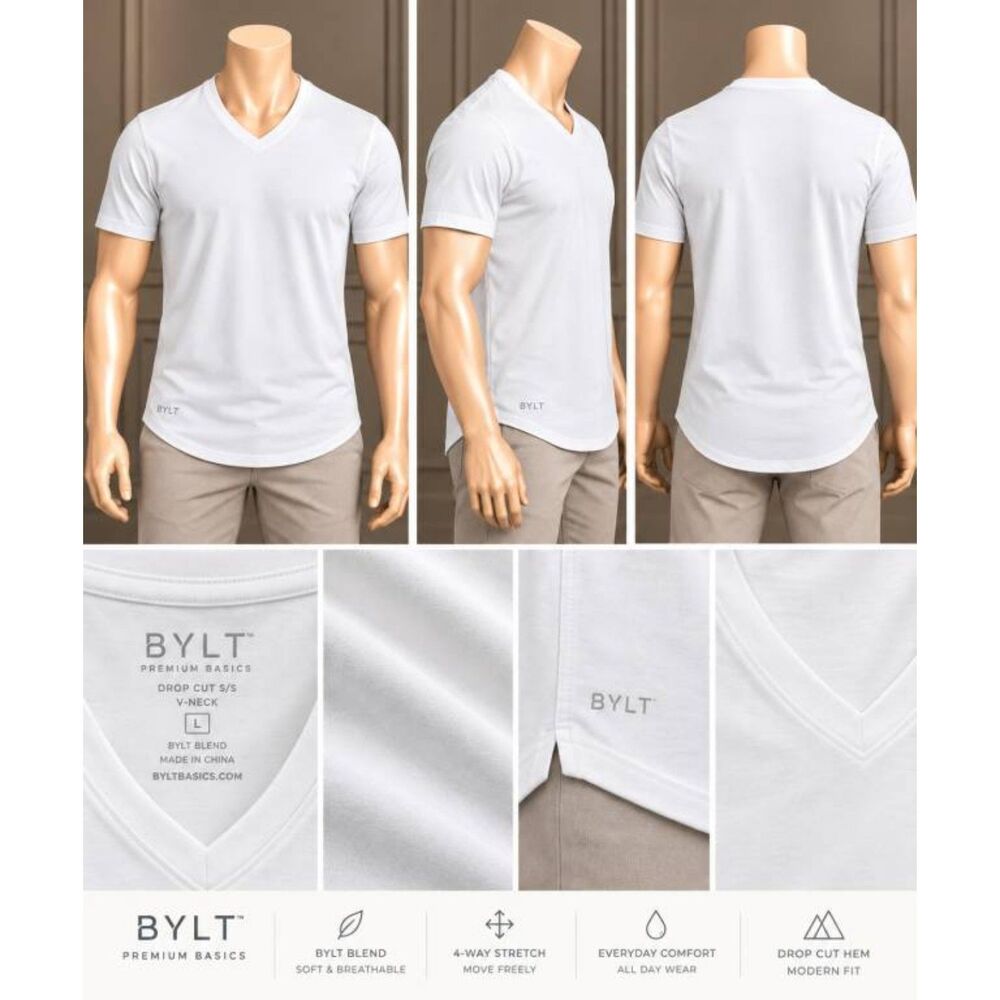 BYLT Premium Basics Men's L White V-Neck Drop Cut T-Shirt